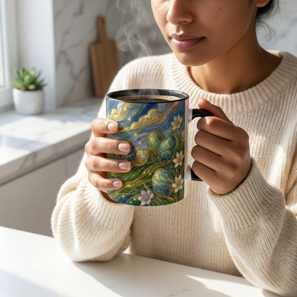 Stained Glass Easter Egg Mug, Magical Spring Floral Coffee Cup, Art Nouveau Fantasy Teacup, Elegant Celestial Starry Sky Mug Gift Idea