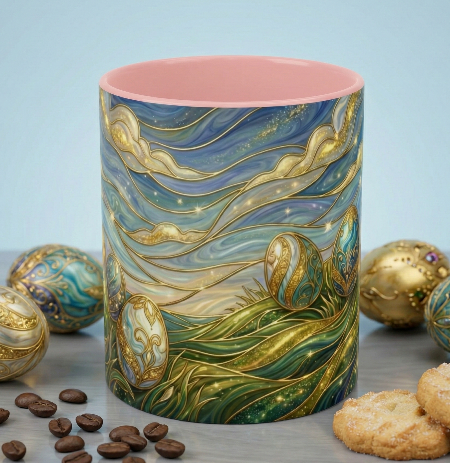 Stained Glass Easter Egg Mug, Magical Spring Floral Coffee Cup, Art Nouveau Fantasy Teacup, Elegant Celestial Starry Sky Mug Gift Idea