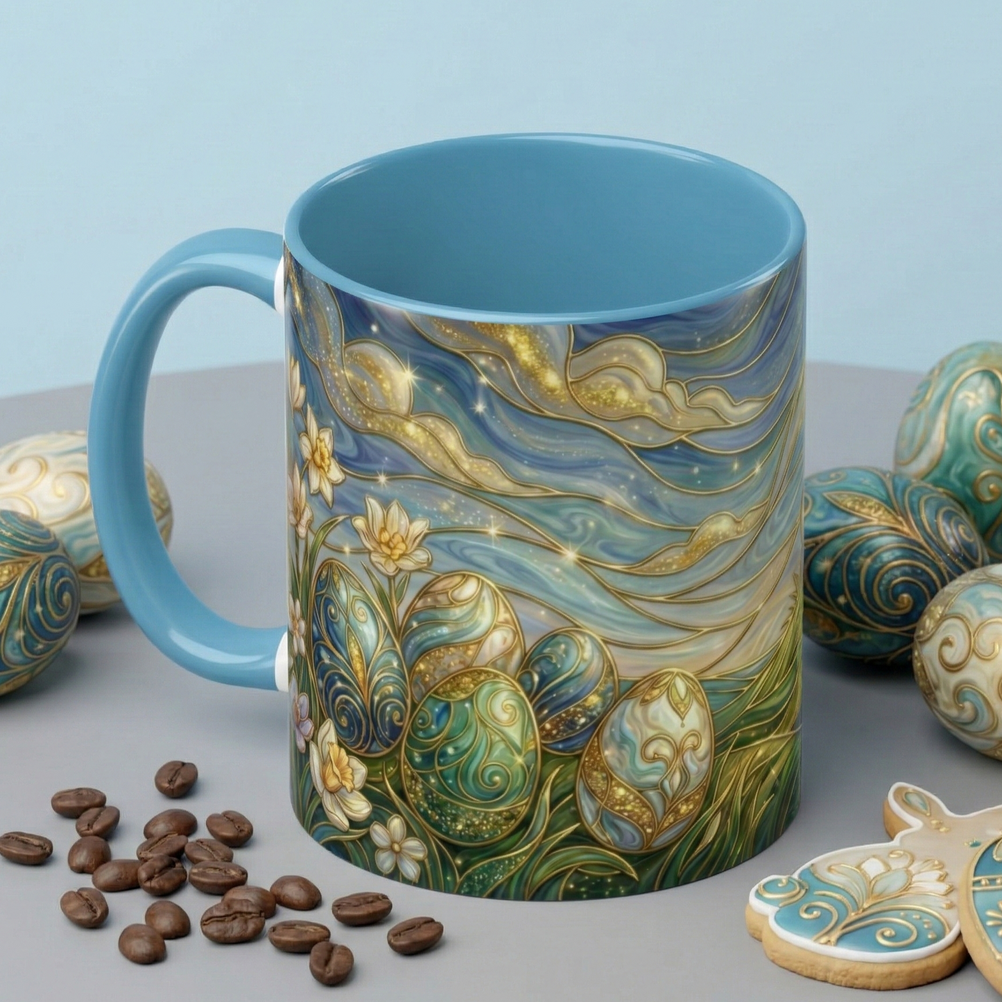 Stained Glass Easter Egg Mug, Magical Spring Floral Coffee Cup, Art Nouveau Fantasy Teacup, Elegant Celestial Starry Sky Mug Gift Idea