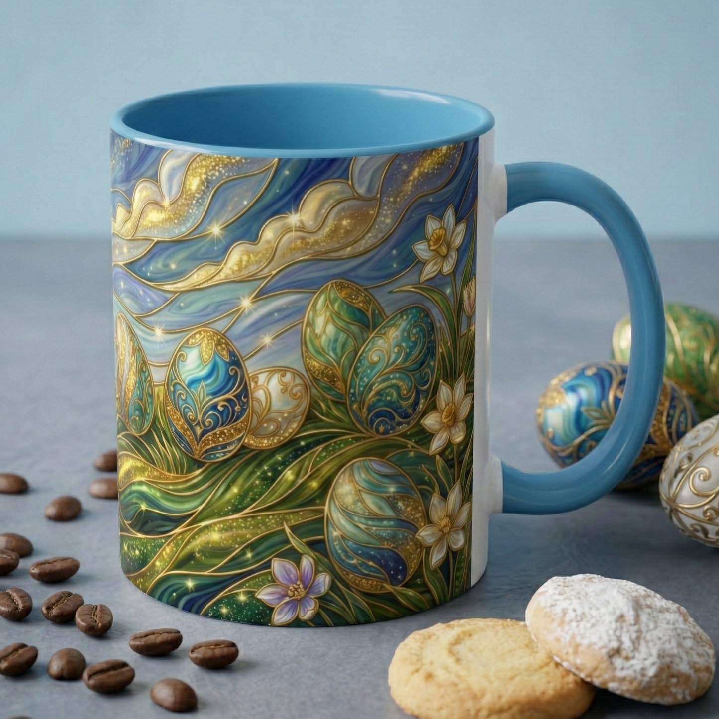 Stained Glass Easter Egg Mug, Magical Spring Floral Coffee Cup, Art Nouveau Fantasy Teacup, Elegant Celestial Starry Sky Mug Gift Idea