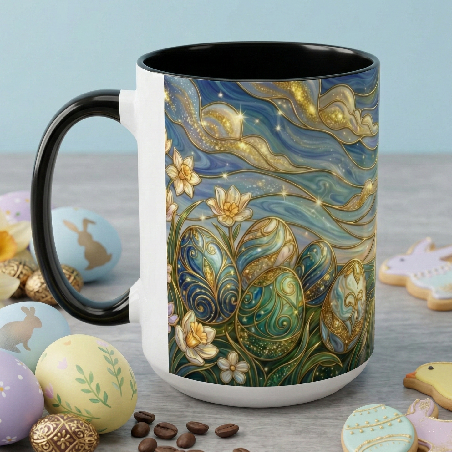Stained Glass Easter Egg Mug, Magical Spring Floral Coffee Cup, Art Nouveau Fantasy Teacup, Elegant Celestial Starry Sky Mug Gift Idea