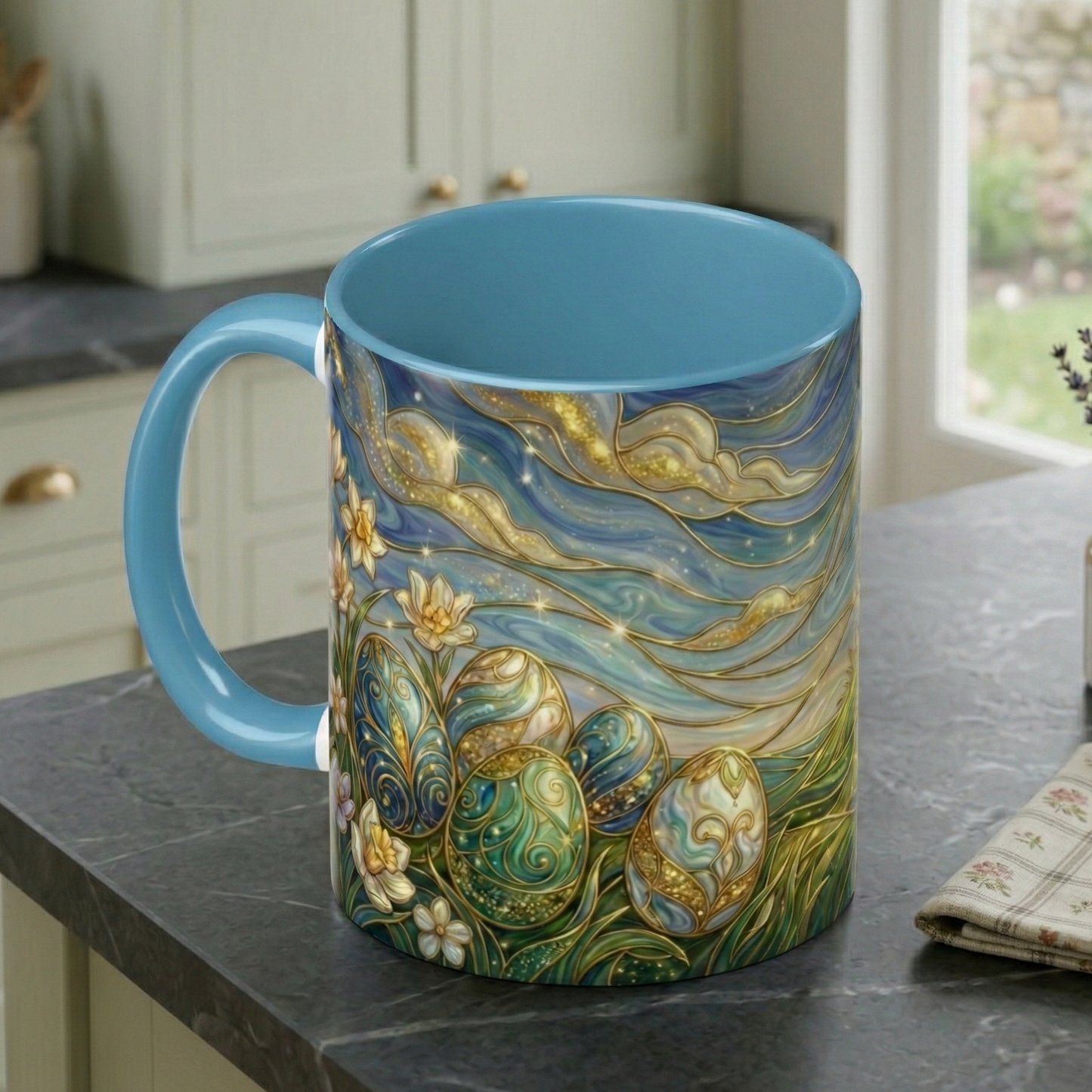 Stained Glass Easter Egg Mug, Magical Spring Floral Coffee Cup, Art Nouveau Fantasy Teacup, Elegant Celestial Starry Sky Mug Gift Idea