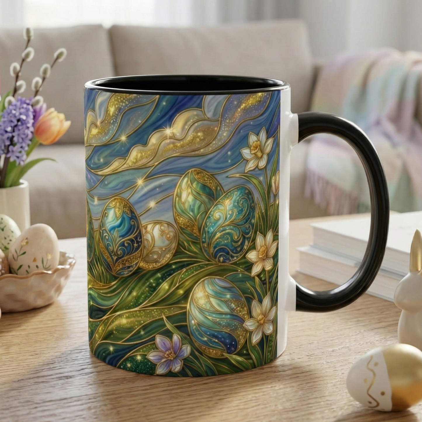 Stained Glass Easter Egg Mug, Magical Spring Floral Coffee Cup, Art Nouveau Fantasy Teacup, Elegant Celestial Starry Sky Mug Gift Idea