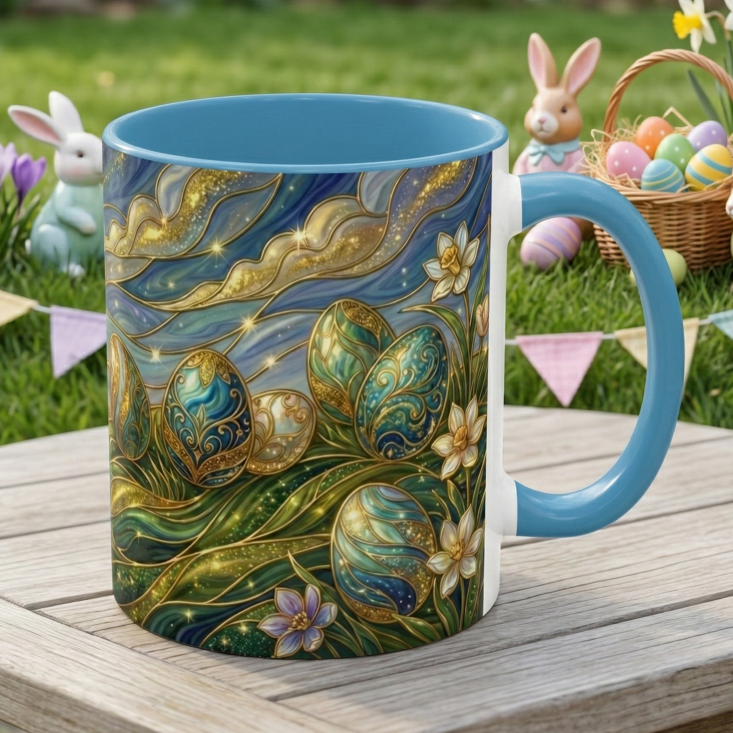 Stained Glass Easter Egg Mug, Magical Spring Floral Coffee Cup, Art Nouveau Fantasy Teacup, Elegant Celestial Starry Sky Mug Gift Idea