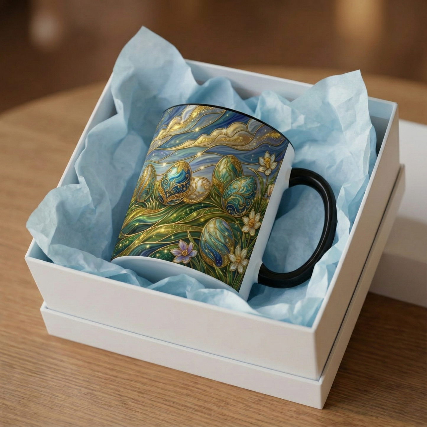 Stained Glass Easter Egg Mug, Magical Spring Floral Coffee Cup, Art Nouveau Fantasy Teacup, Elegant Celestial Starry Sky Mug Gift Idea