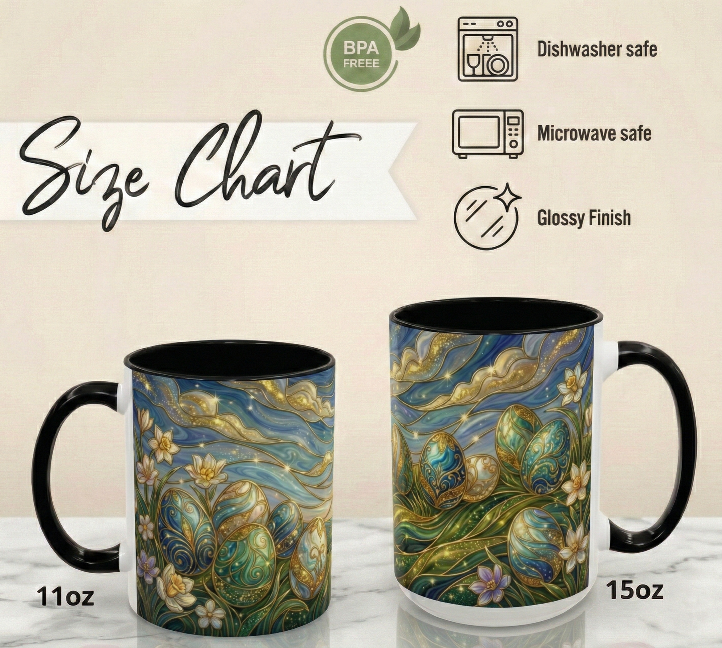 Stained Glass Easter Egg Mug, Magical Spring Floral Coffee Cup, Art Nouveau Fantasy Teacup, Elegant Celestial Starry Sky Mug Gift Idea
