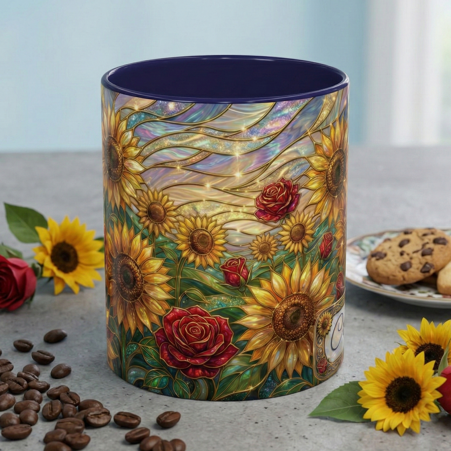 Personalized Stained Glass Sunflower Mug, Custom Red Rose Floral Coffee Cup, Celestial Night Sky Botanical Teacup, Gift For Flower Lover