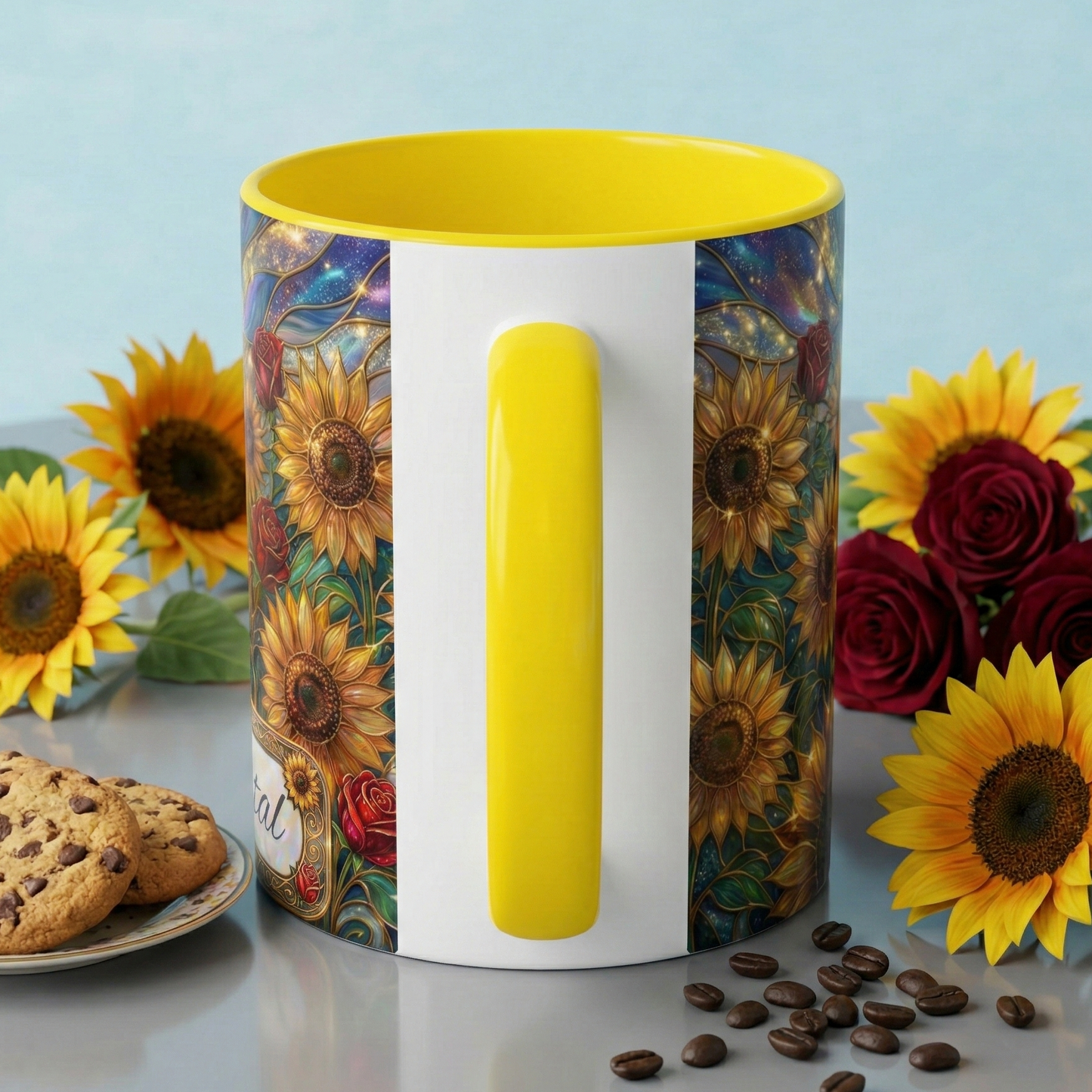 Personalized Stained Glass Sunflower Mug, Custom Red Rose Floral Coffee Cup, Celestial Night Sky Botanical Teacup, Gift For Flower Lover