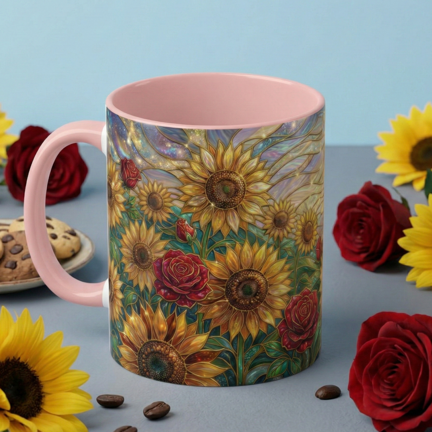 Personalized Stained Glass Sunflower Mug, Custom Red Rose Floral Coffee Cup, Celestial Night Sky Botanical Teacup, Gift For Flower Lover
