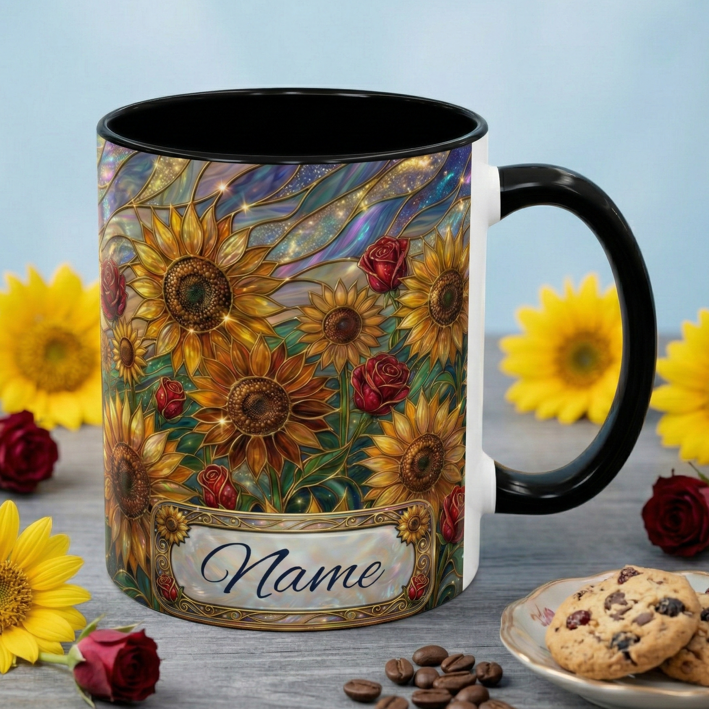 Personalized Stained Glass Sunflower Mug, Custom Red Rose Floral Coffee Cup, Celestial Night Sky Botanical Teacup, Gift For Flower Lover