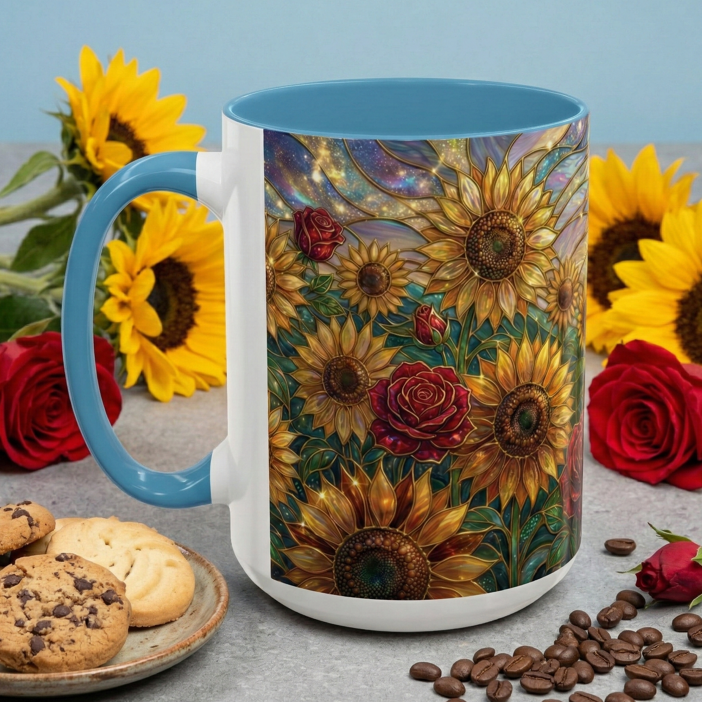 Personalized Stained Glass Sunflower Mug, Custom Red Rose Floral Coffee Cup, Celestial Night Sky Botanical Teacup, Gift For Flower Lover