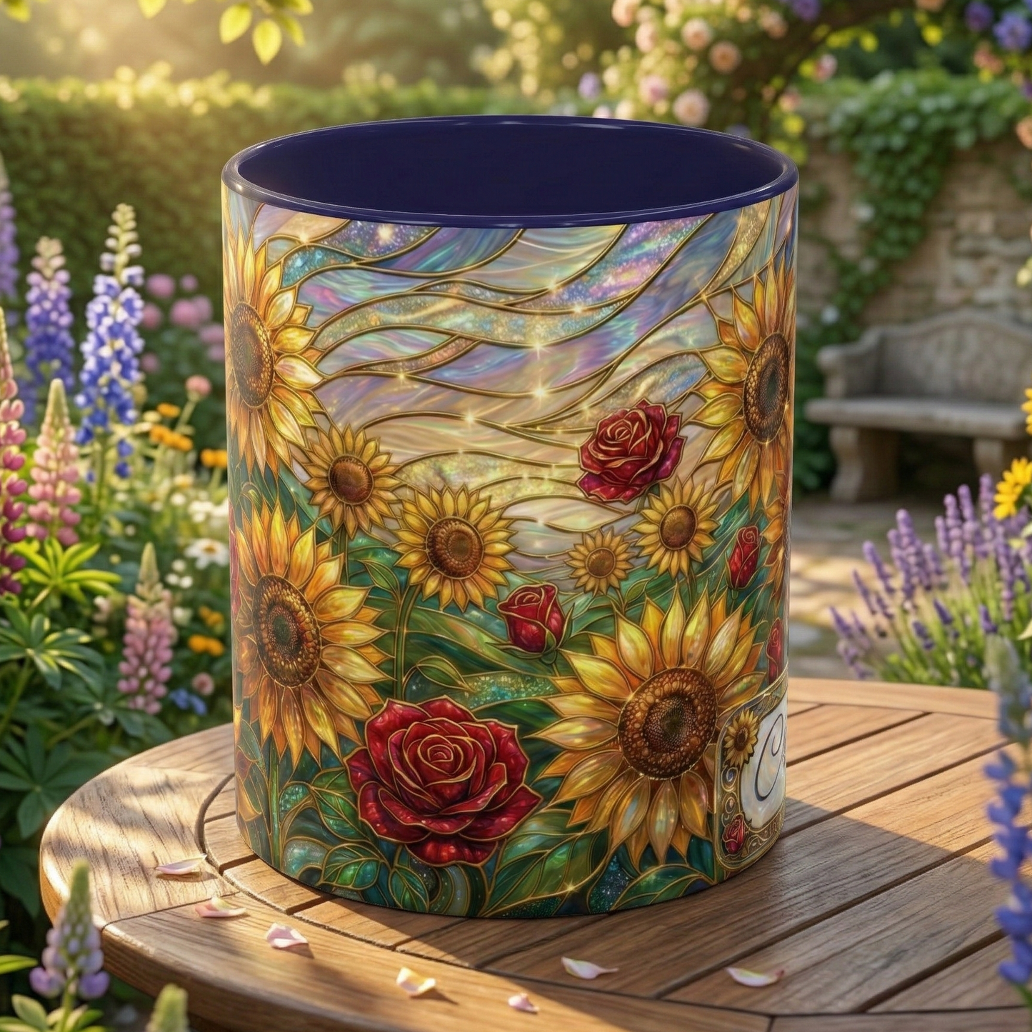 Personalized Stained Glass Sunflower Mug, Custom Red Rose Floral Coffee Cup, Celestial Night Sky Botanical Teacup, Gift For Flower Lover