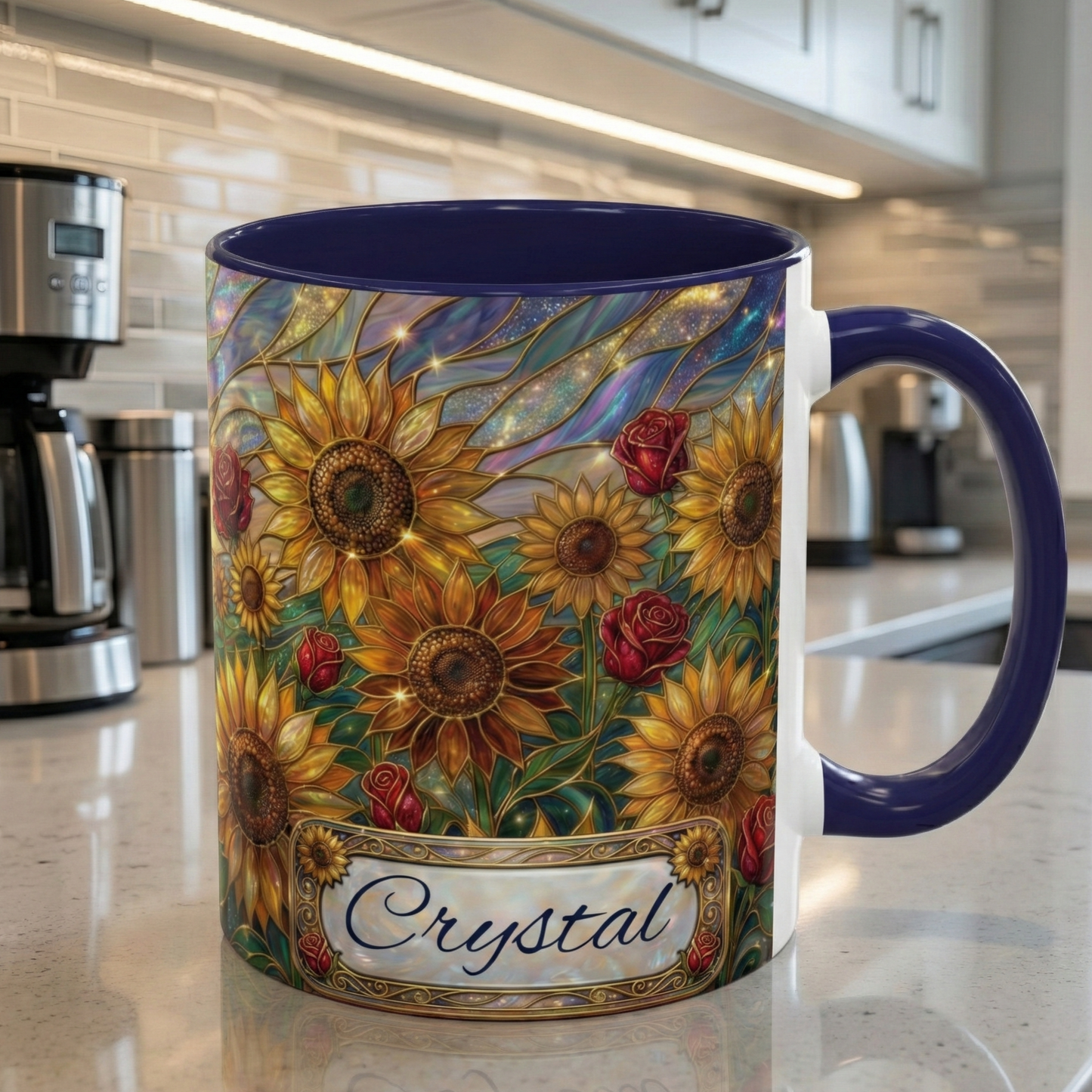 Personalized Stained Glass Sunflower Mug, Custom Red Rose Floral Coffee Cup, Celestial Night Sky Botanical Teacup, Gift For Flower Lover