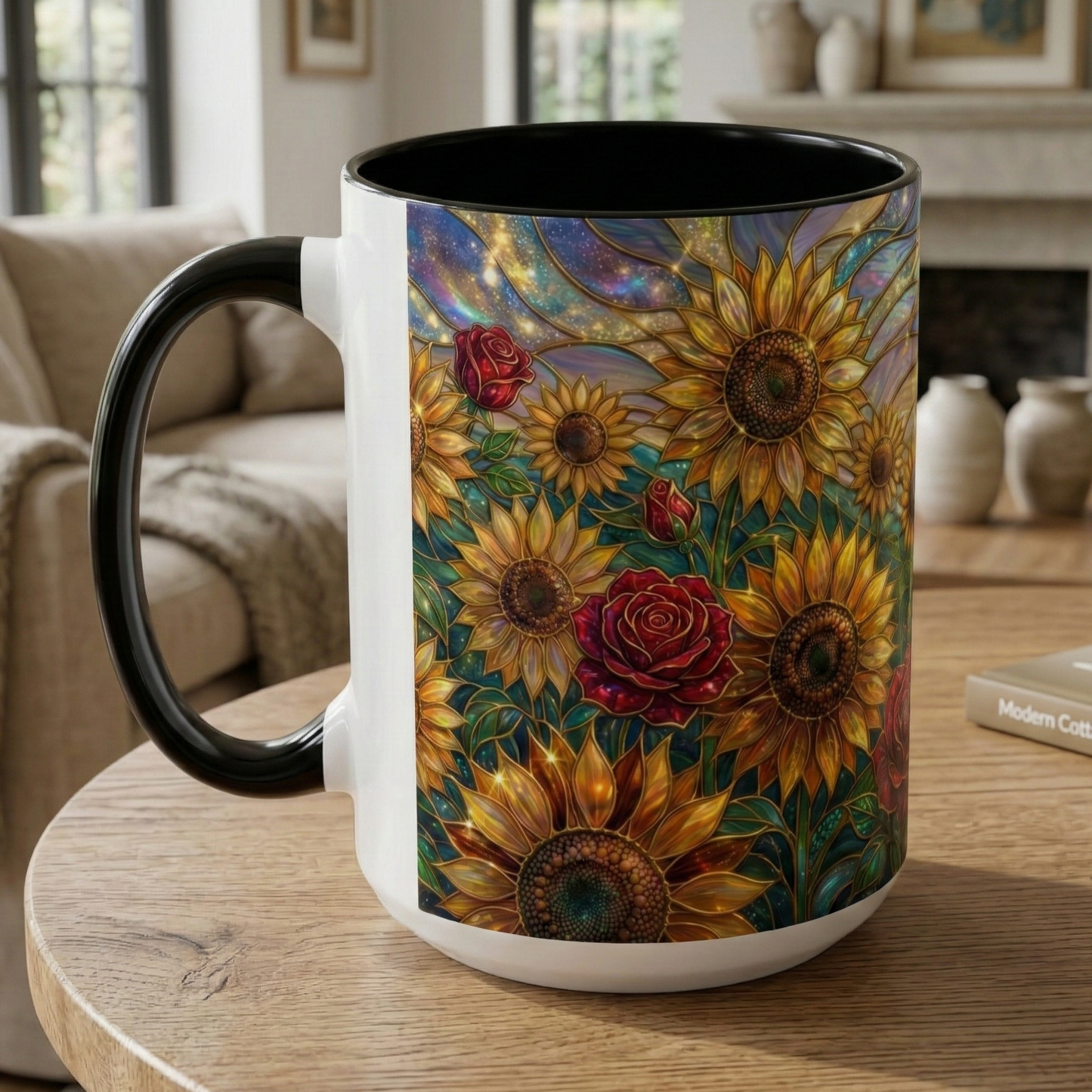 Personalized Stained Glass Sunflower Mug, Custom Red Rose Floral Coffee Cup, Celestial Night Sky Botanical Teacup, Gift For Flower Lover