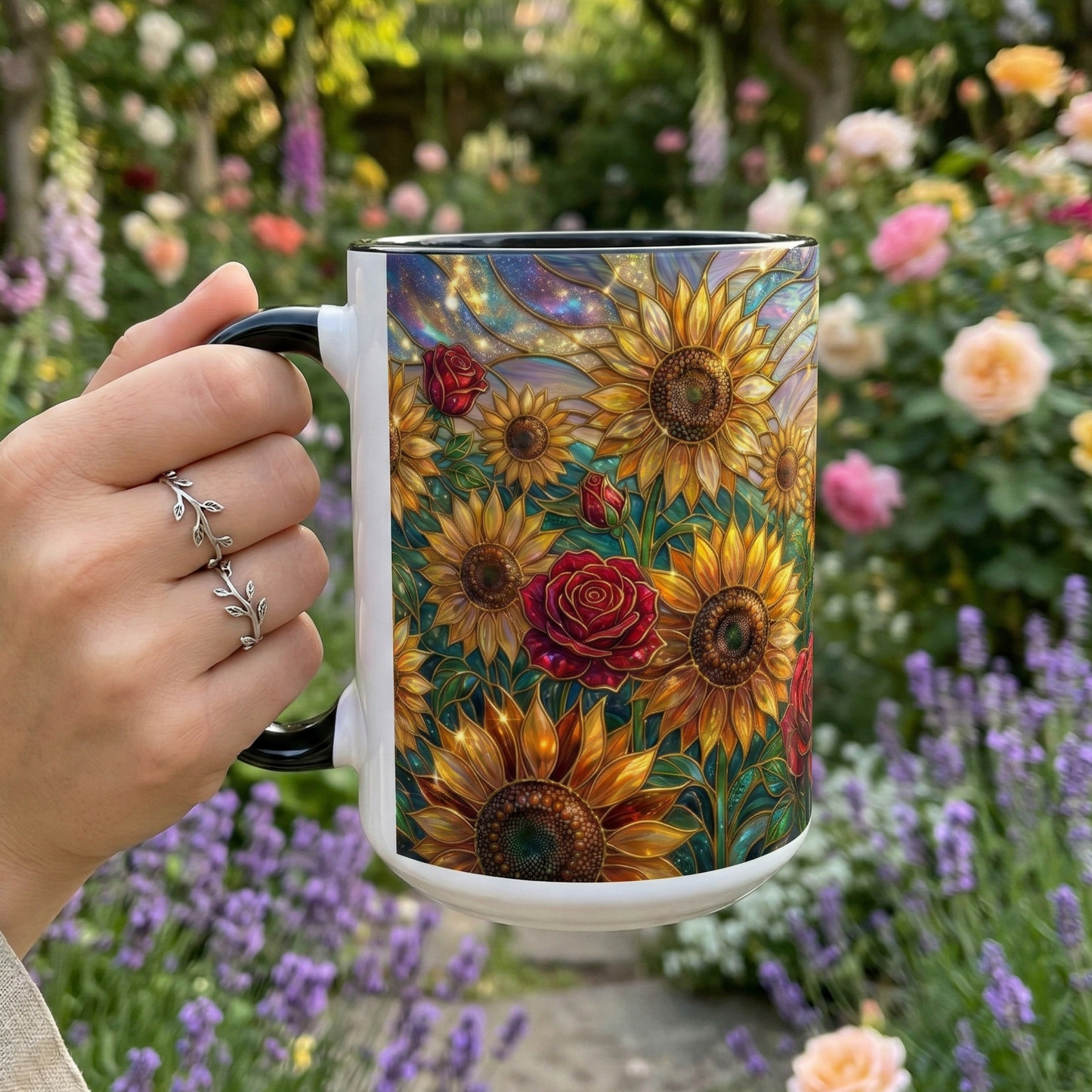 Personalized Stained Glass Sunflower Mug, Custom Red Rose Floral Coffee Cup, Celestial Night Sky Botanical Teacup, Gift For Flower Lover