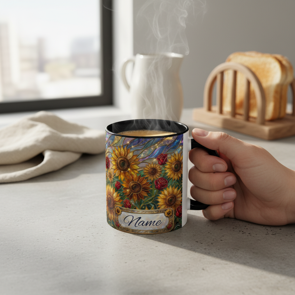 Personalized Stained Glass Sunflower Mug, Custom Red Rose Floral Coffee Cup, Celestial Night Sky Botanical Teacup, Gift For Flower Lover