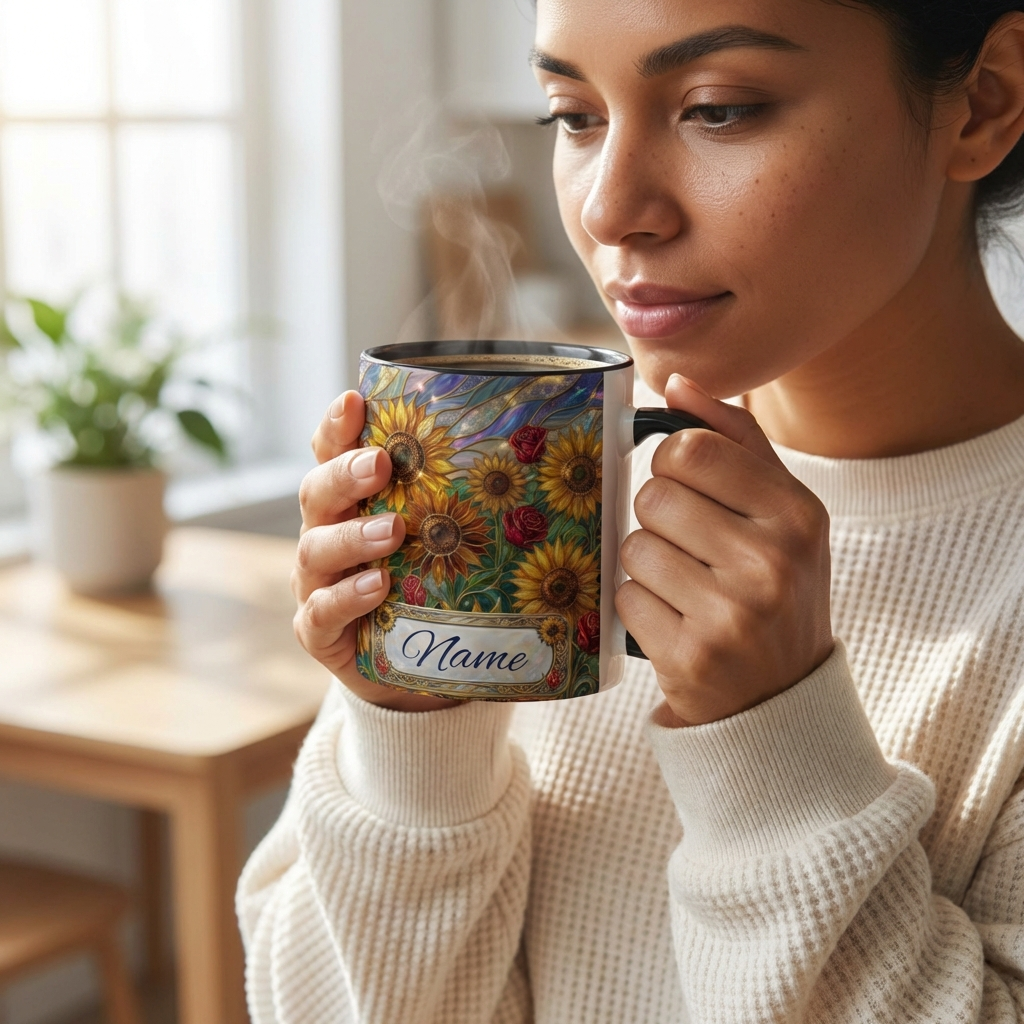 Personalized Stained Glass Sunflower Mug, Custom Red Rose Floral Coffee Cup, Celestial Night Sky Botanical Teacup, Gift For Flower Lover