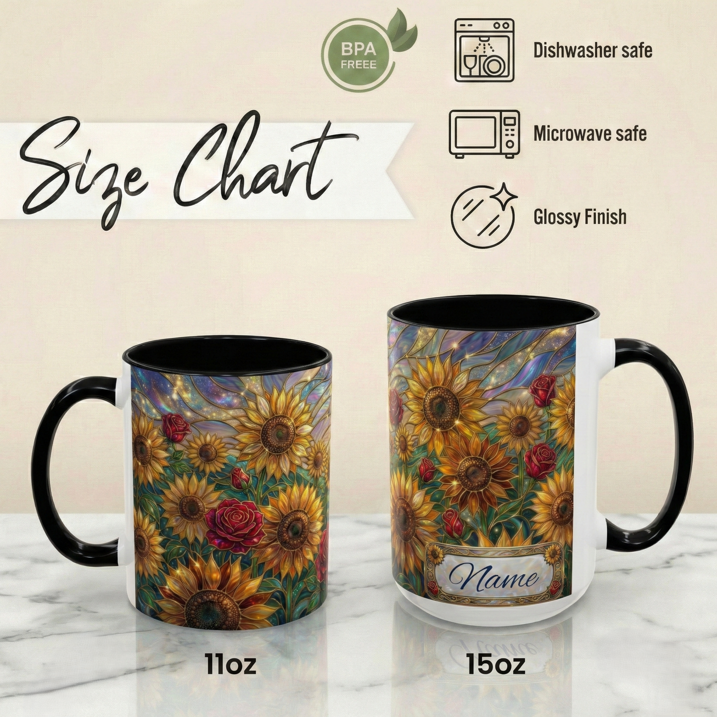 Personalized Stained Glass Sunflower Mug, Custom Red Rose Floral Coffee Cup, Celestial Night Sky Botanical Teacup, Gift For Flower Lover