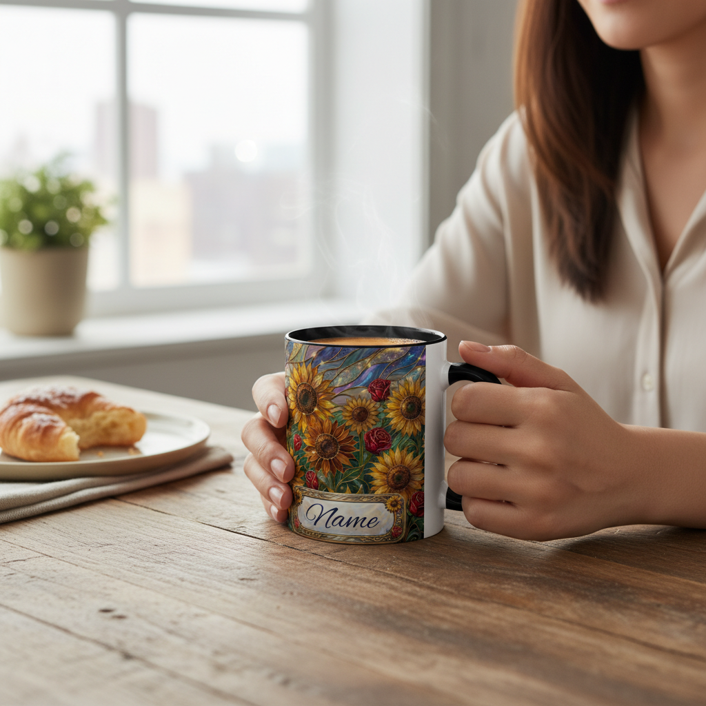 Personalized Stained Glass Sunflower Mug, Custom Red Rose Floral Coffee Cup, Celestial Night Sky Botanical Teacup, Gift For Flower Lover
