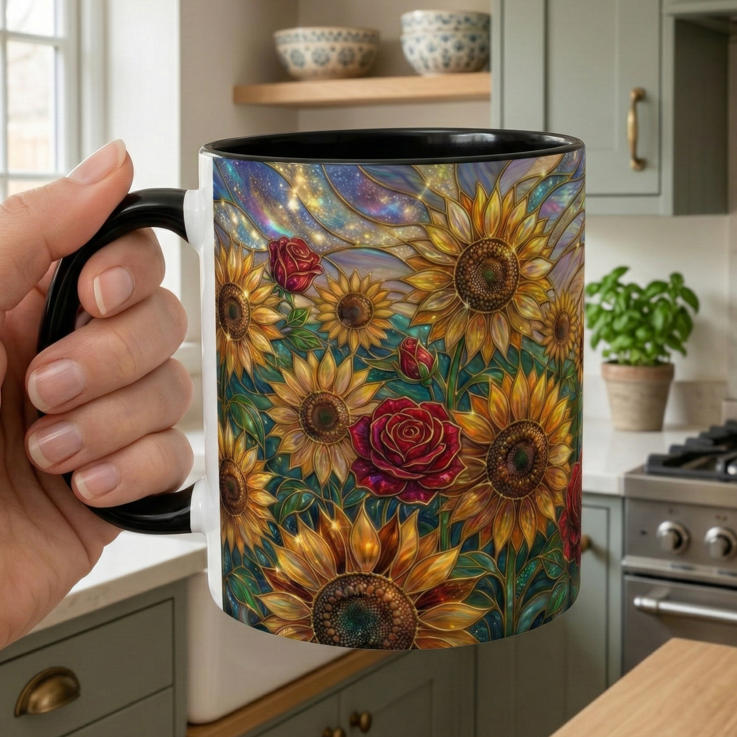 Personalized Stained Glass Sunflower Mug, Custom Red Rose Floral Coffee Cup, Celestial Night Sky Botanical Teacup, Gift For Flower Lover