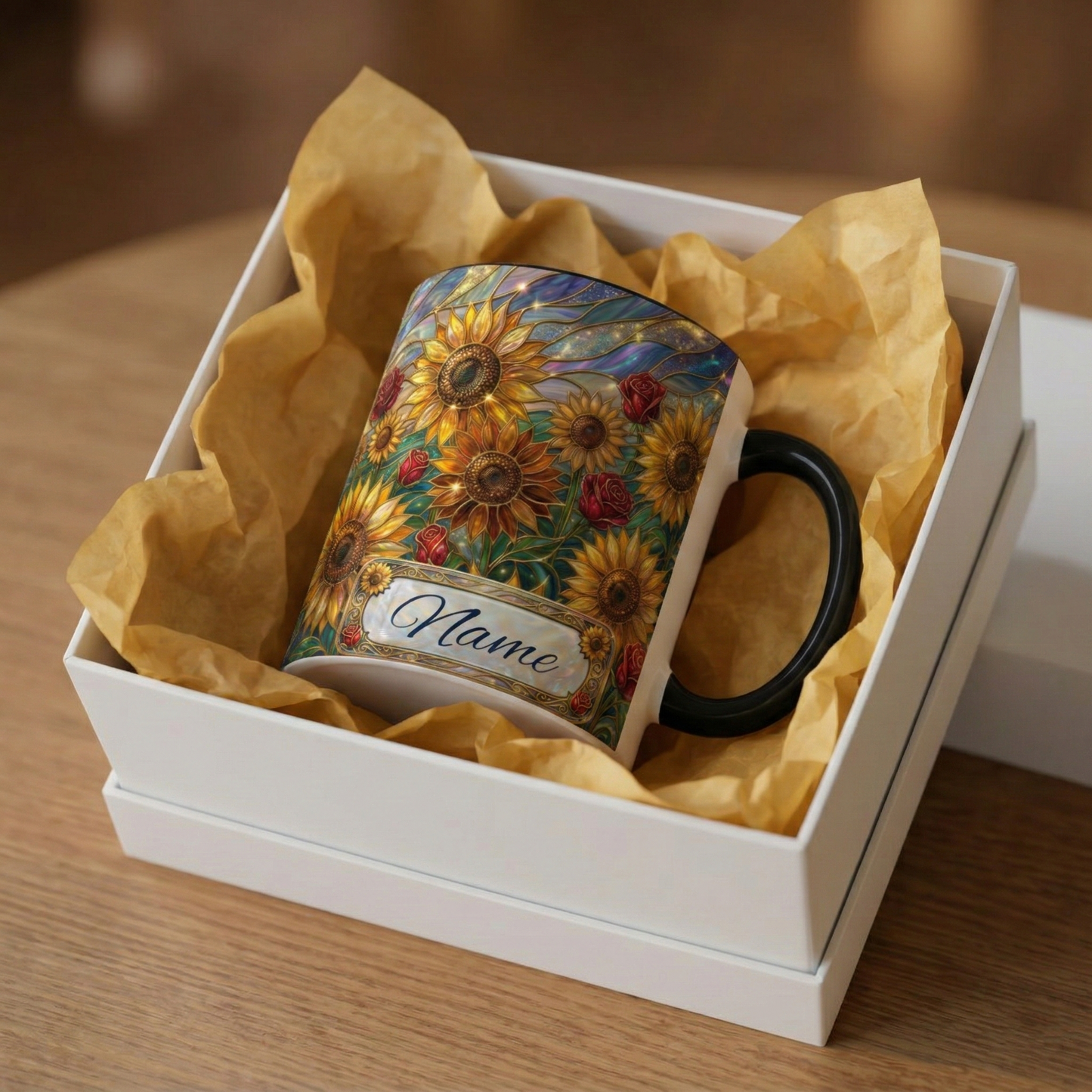 Personalized Stained Glass Sunflower Mug, Custom Red Rose Floral Coffee Cup, Celestial Night Sky Botanical Teacup, Gift For Flower Lover