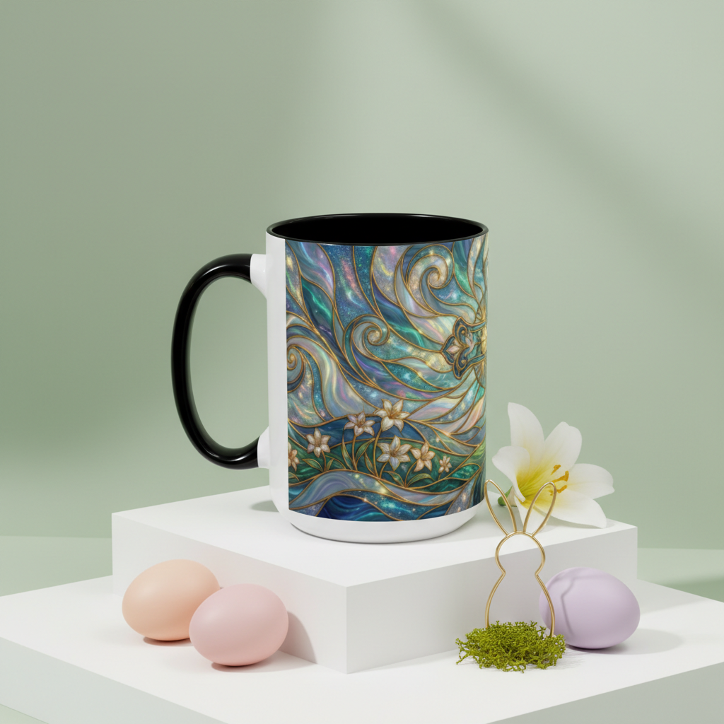 Stained Glass Cross Mug, Christian Coffee Cup, Religious Easter Gift, Celestial Faith Mug, Spiritual Sunrise Cup, Dove Lily Print Mug