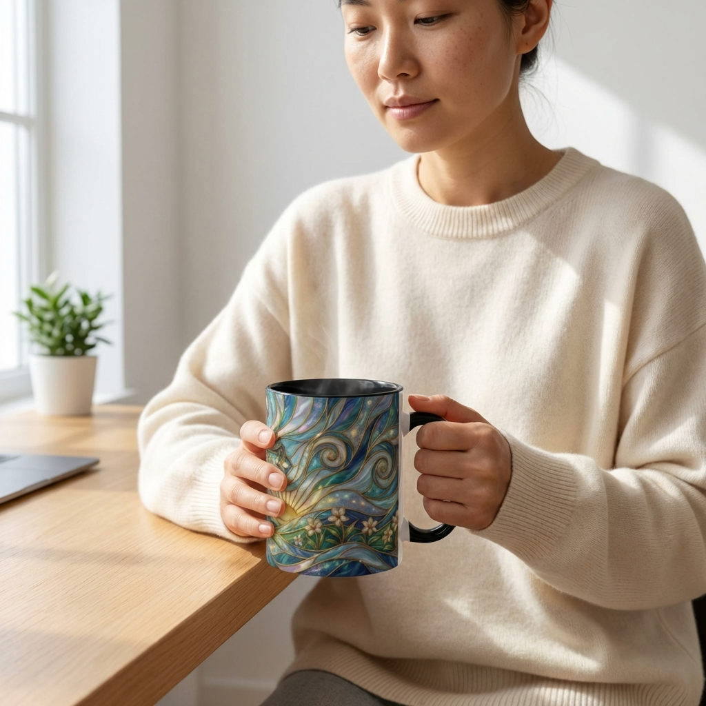 Stained Glass Cross Mug, Christian Coffee Cup, Religious Easter Gift, Celestial Faith Mug, Spiritual Sunrise Cup, Dove Lily Print Mug
