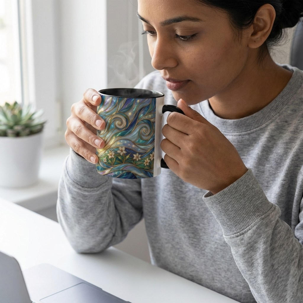 Stained Glass Cross Mug, Christian Coffee Cup, Religious Easter Gift, Celestial Faith Mug, Spiritual Sunrise Cup, Dove Lily Print Mug