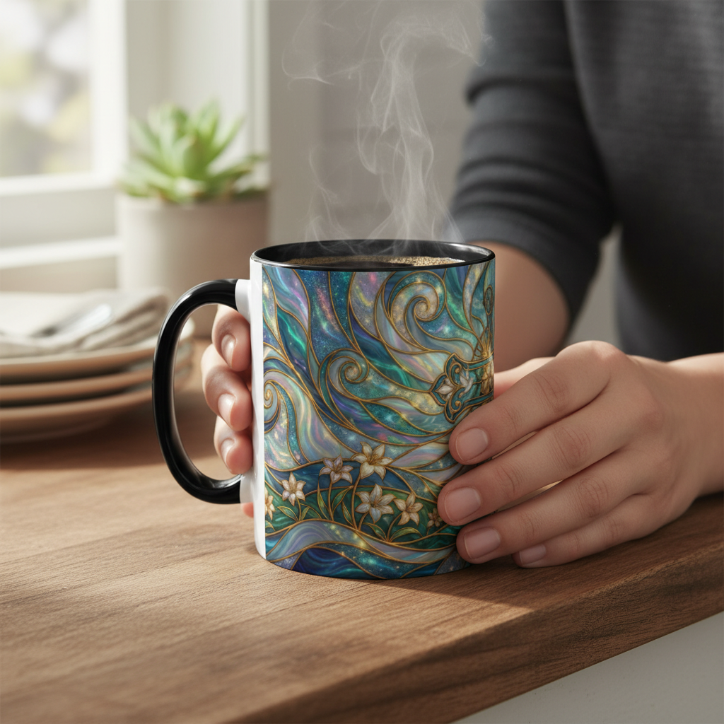 Stained Glass Cross Mug, Christian Coffee Cup, Religious Easter Gift, Celestial Faith Mug, Spiritual Sunrise Cup, Dove Lily Print Mug