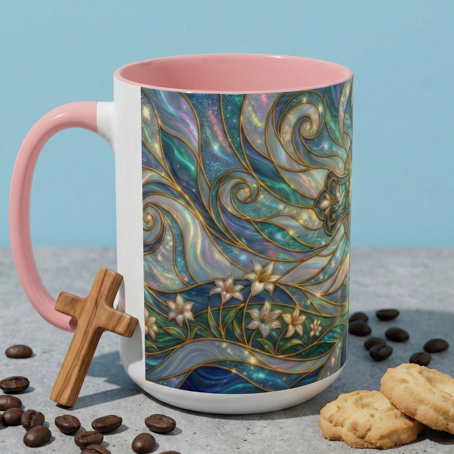 Stained Glass Cross Mug, Christian Coffee Cup, Religious Easter Gift, Celestial Faith Mug, Spiritual Sunrise Cup, Dove Lily Print Mug