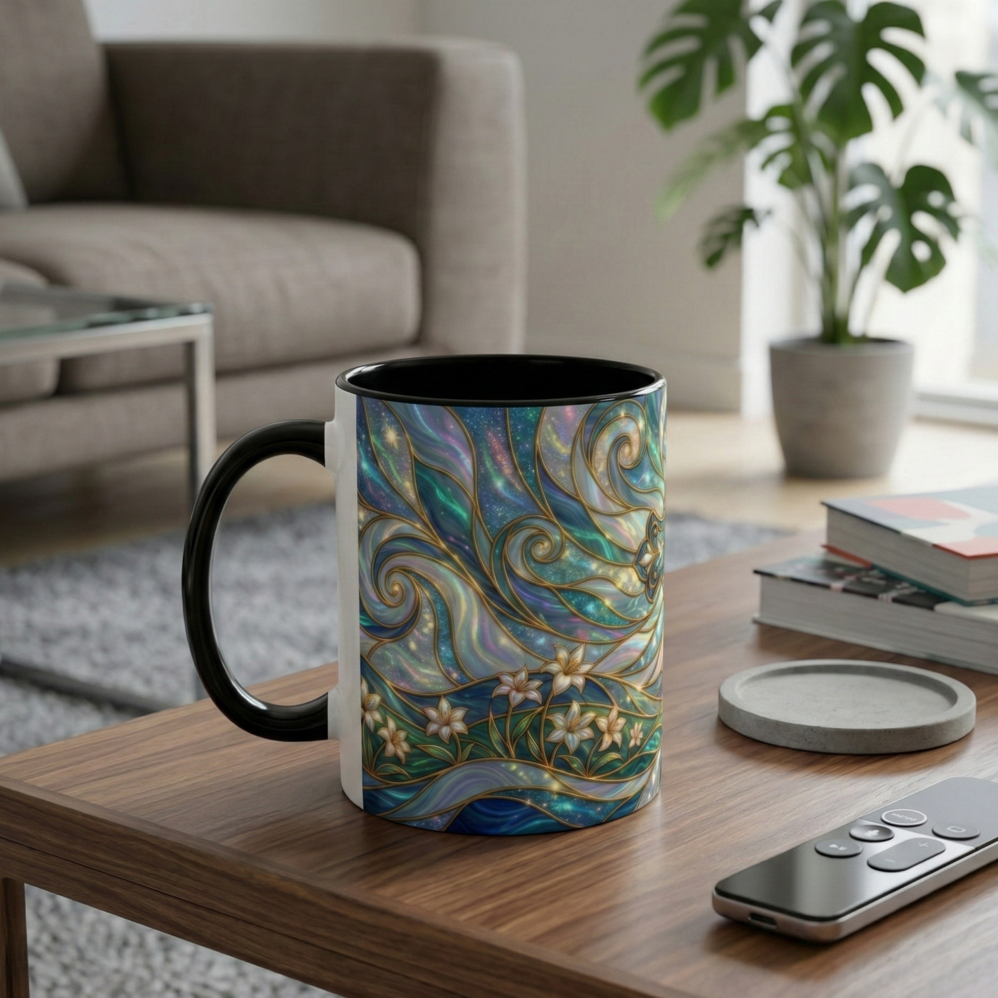 Stained Glass Cross Mug, Christian Coffee Cup, Religious Easter Gift, Celestial Faith Mug, Spiritual Sunrise Cup, Dove Lily Print Mug