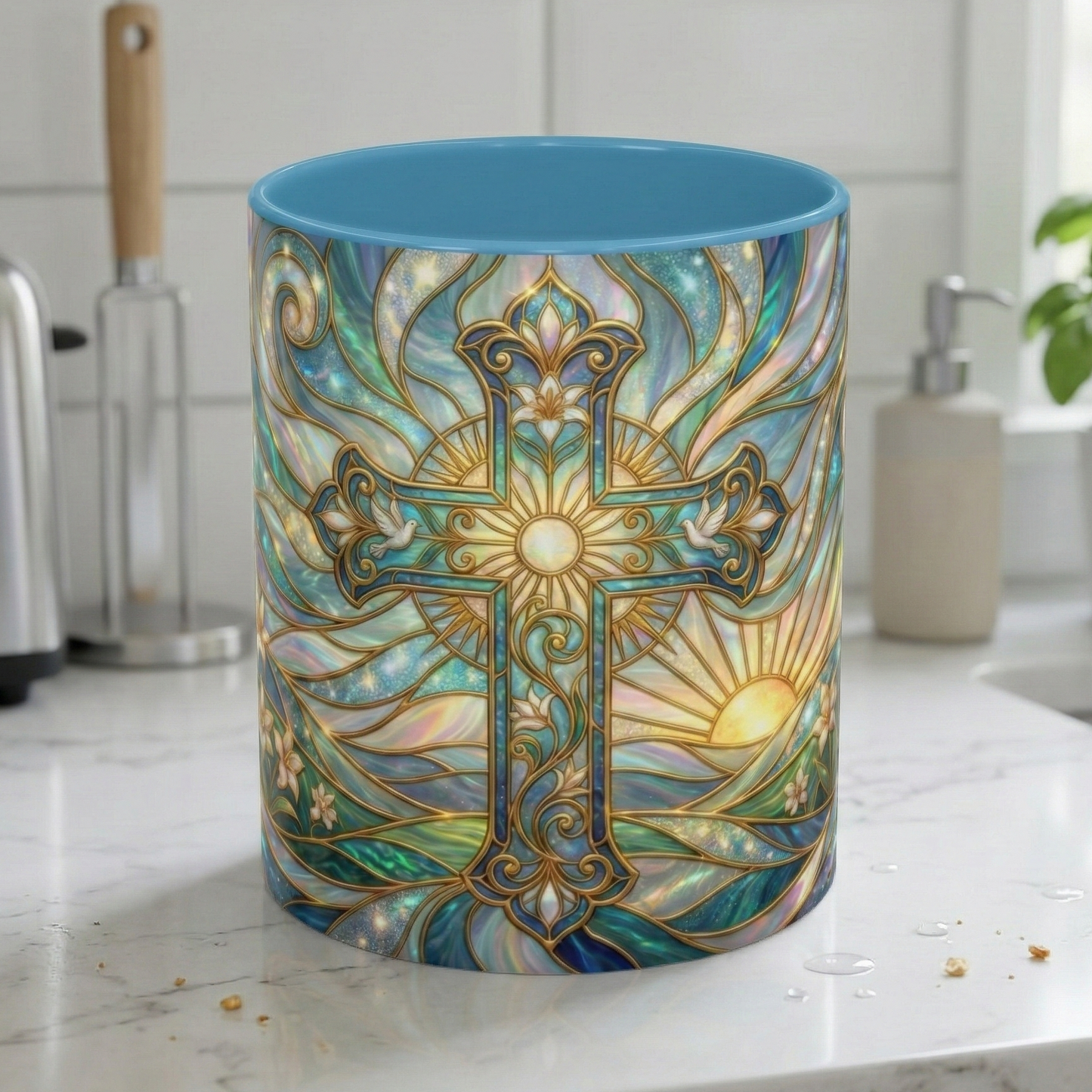 Stained Glass Cross Mug, Christian Coffee Cup, Religious Easter Gift, Celestial Faith Mug, Spiritual Sunrise Cup, Dove Lily Print Mug