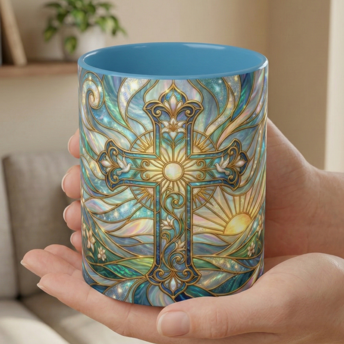 Stained Glass Cross Mug, Christian Coffee Cup, Religious Easter Gift, Celestial Faith Mug, Spiritual Sunrise Cup, Dove Lily Print Mug