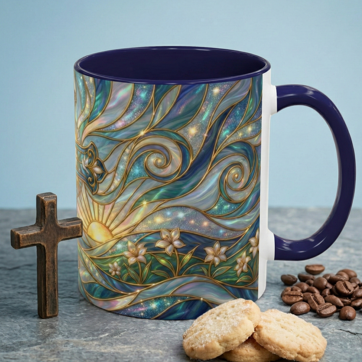 Stained Glass Cross Mug, Christian Coffee Cup, Religious Easter Gift, Celestial Faith Mug, Spiritual Sunrise Cup, Dove Lily Print Mug
