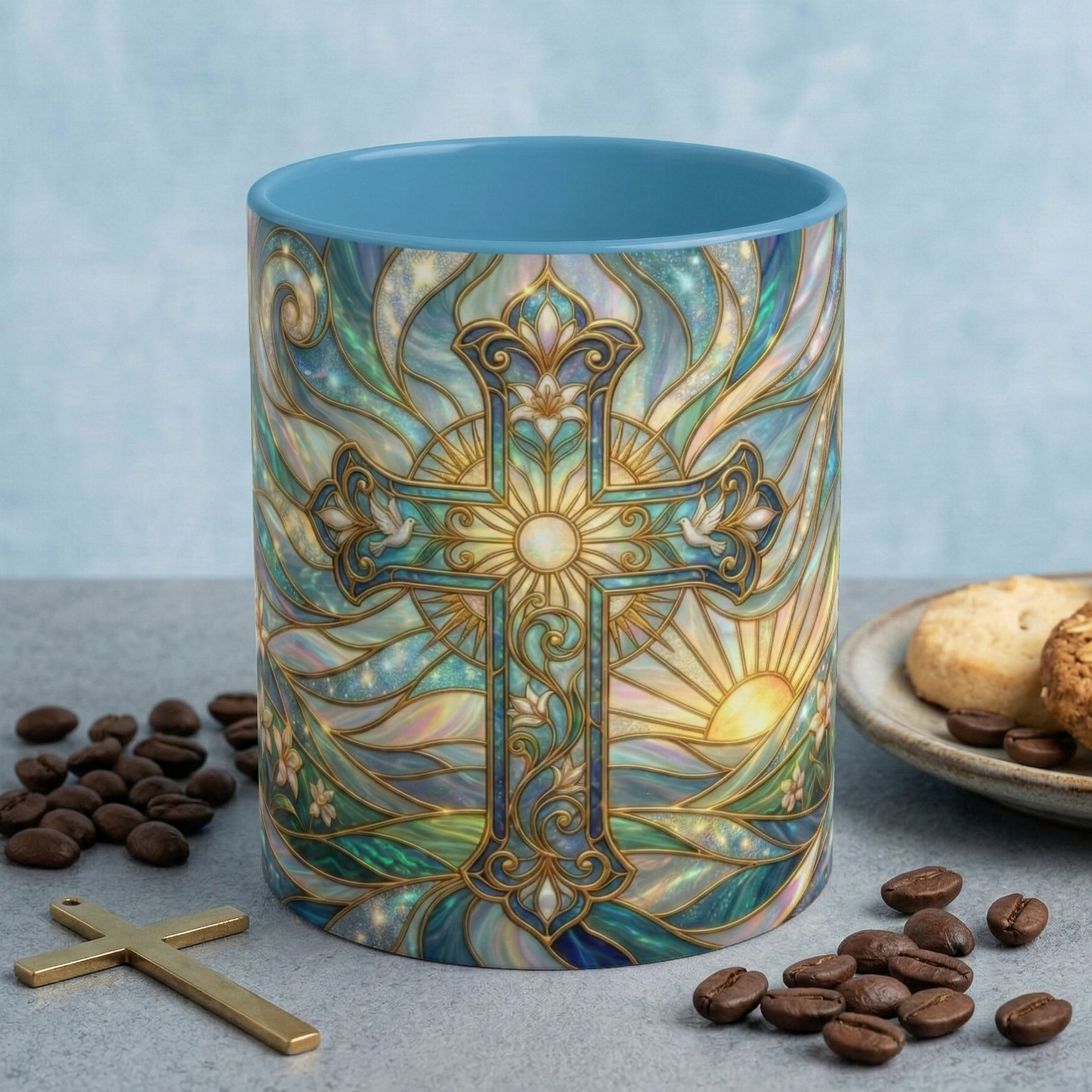 Stained Glass Cross Mug, Christian Coffee Cup, Religious Easter Gift, Celestial Faith Mug, Spiritual Sunrise Cup, Dove Lily Print Mug