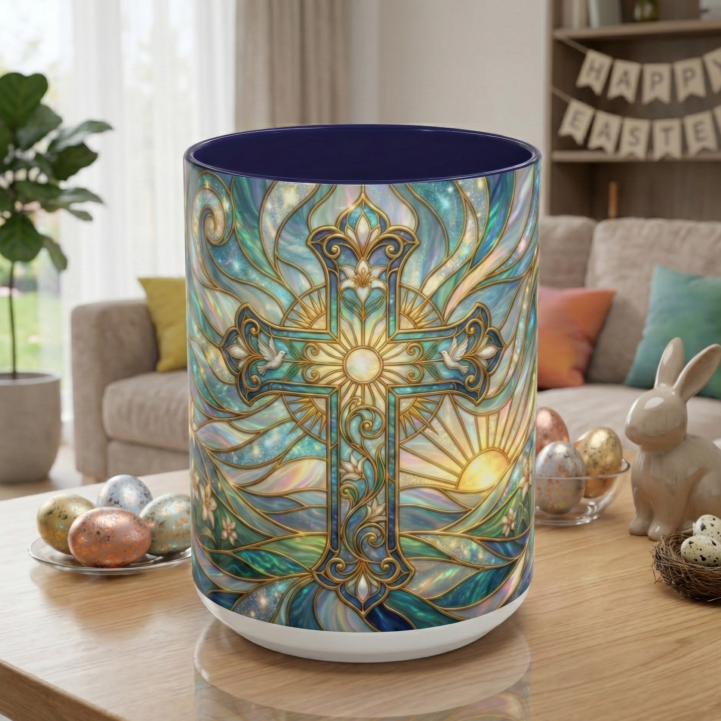 Stained Glass Cross Mug, Christian Coffee Cup, Religious Easter Gift, Celestial Faith Mug, Spiritual Sunrise Cup, Dove Lily Print Mug