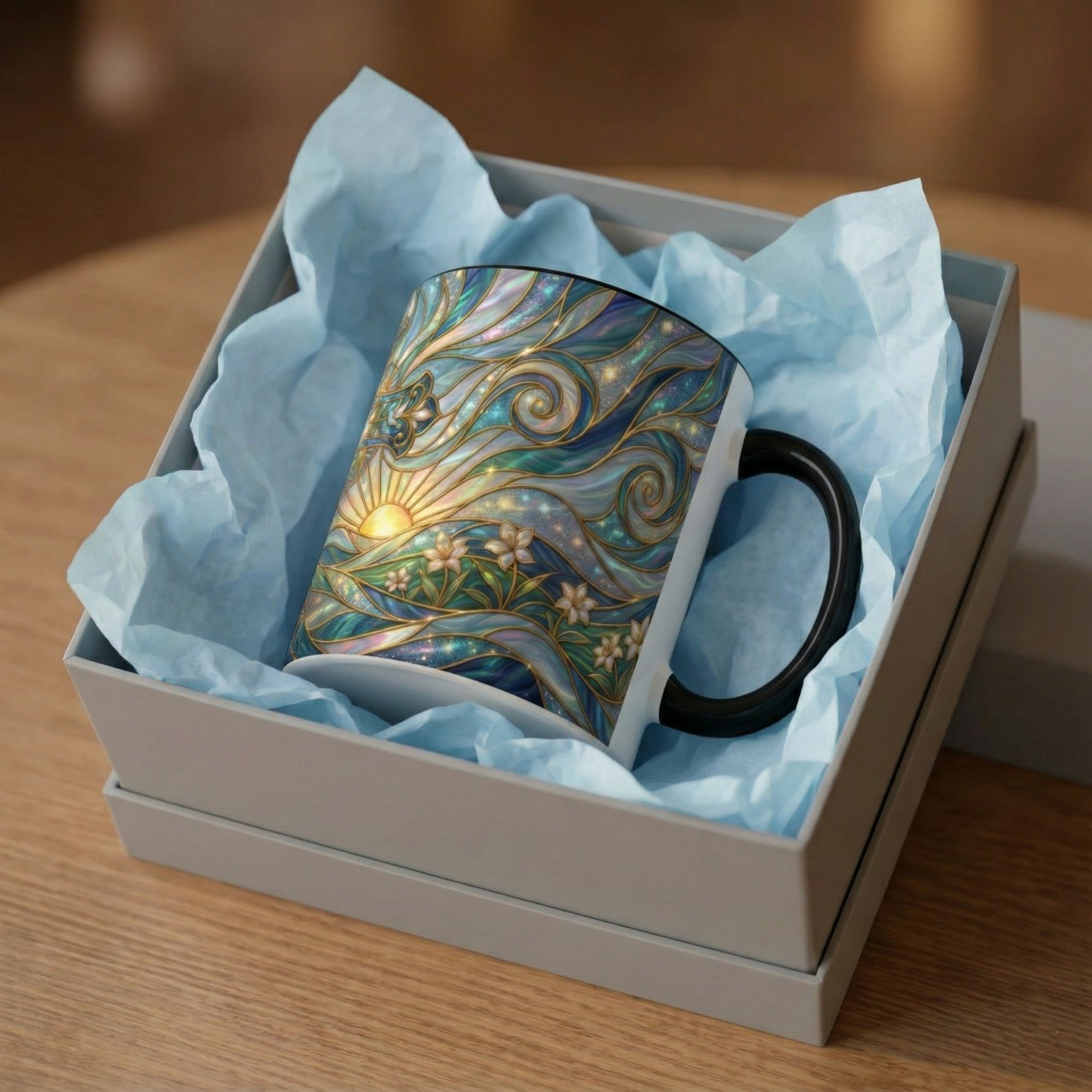 Stained Glass Cross Mug, Christian Coffee Cup, Religious Easter Gift, Celestial Faith Mug, Spiritual Sunrise Cup, Dove Lily Print Mug