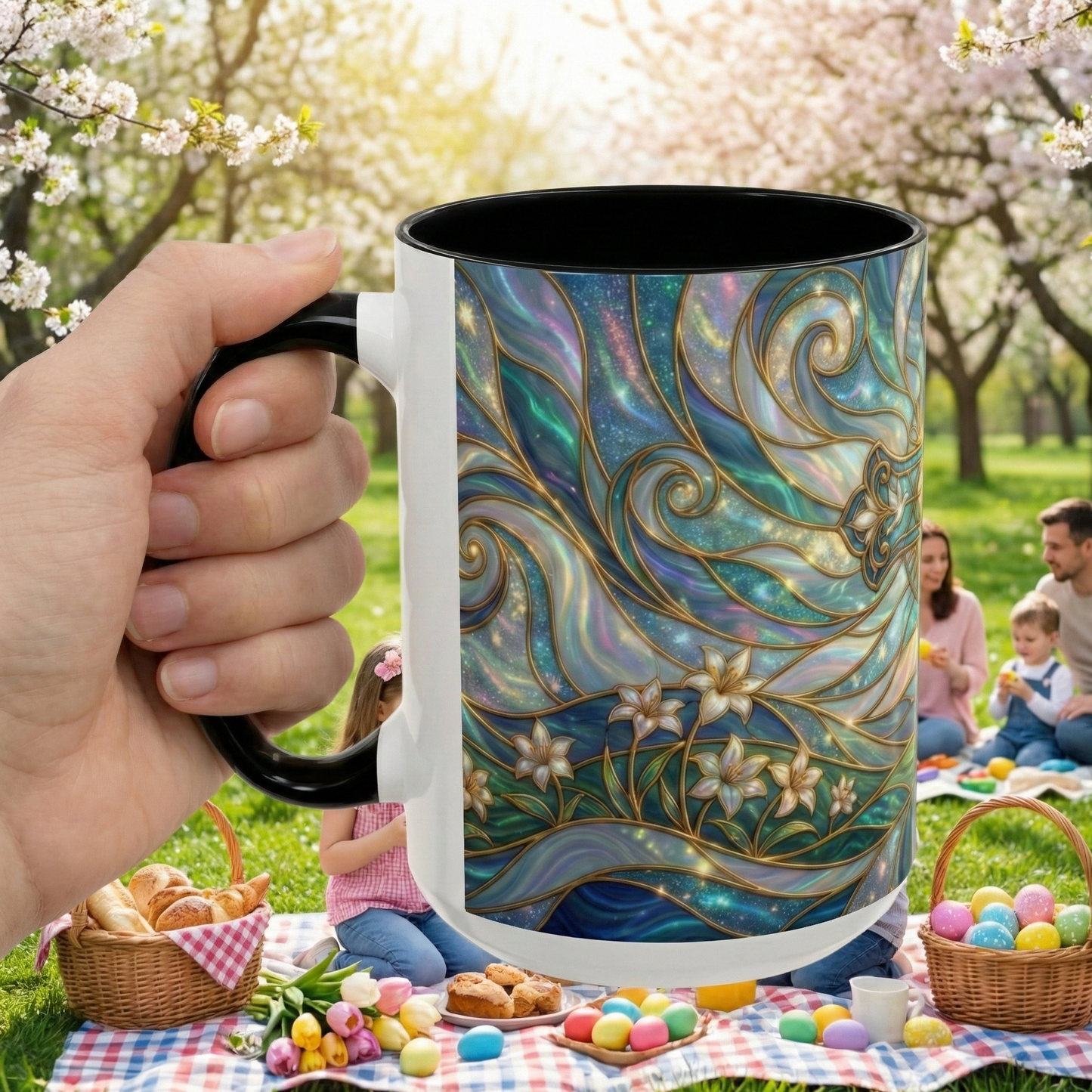Stained Glass Cross Mug, Christian Coffee Cup, Religious Easter Gift, Celestial Faith Mug, Spiritual Sunrise Cup, Dove Lily Print Mug
