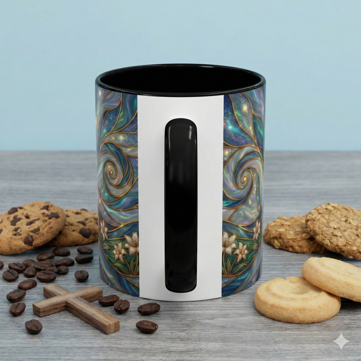 Stained Glass Cross Mug, Christian Coffee Cup, Religious Easter Gift, Celestial Faith Mug, Spiritual Sunrise Cup, Dove Lily Print Mug