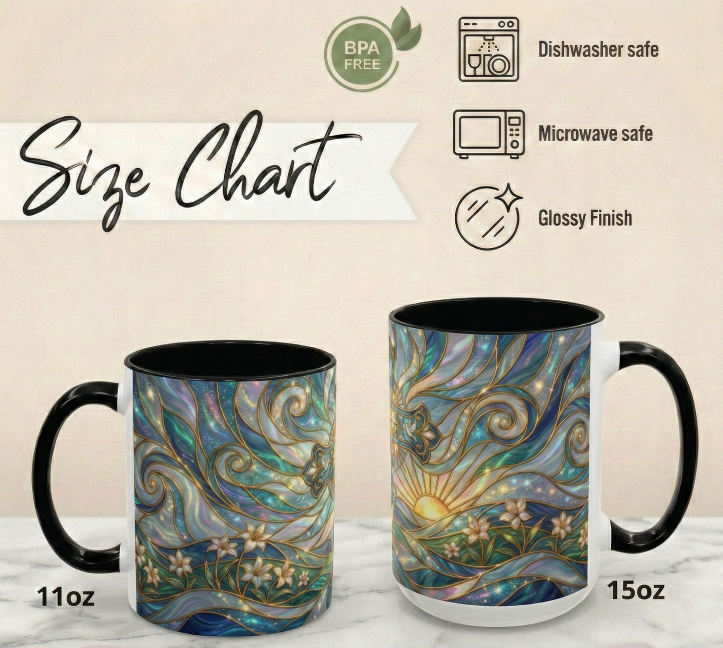 Stained Glass Cross Mug, Christian Coffee Cup, Religious Easter Gift, Celestial Faith Mug, Spiritual Sunrise Cup, Dove Lily Print Mug