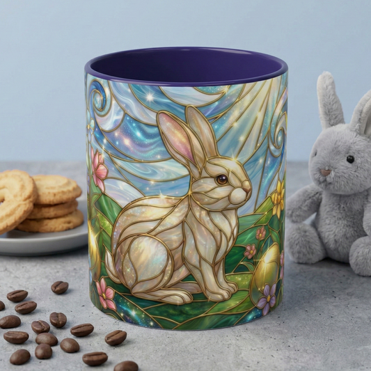 Stained Glass Bunny Mug, Easter Coffee Cup, Spring Rabbit Gift, Whimsical Floral Easter Decor, Cottagecore Aesthetic Stained Glass