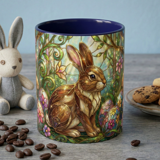 Stained Glass Easter Bunny Mug, Whimsical Spring Coffee Cup, Woodland Cottagecore Tea Mug, Floral Rabbit Mushroom Gift, Spring Decor
