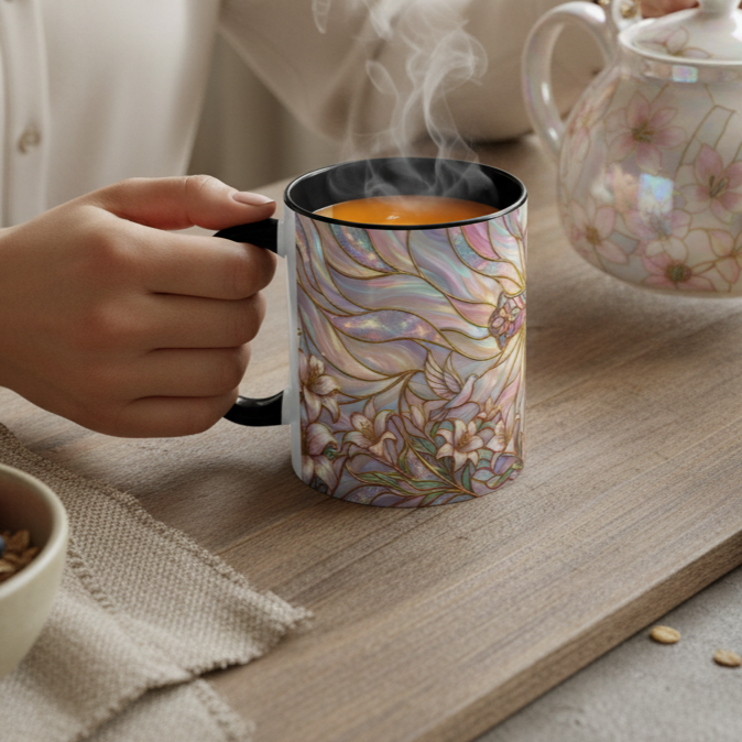 Stained Glass Cross Mug, Easter Lily Coffee Cup, Christian Gift for Women, Pastel Religious Drinkware, Dove and Faith Cup, Spiritual