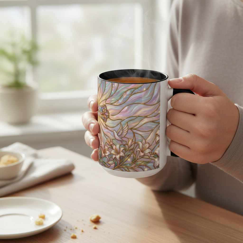 Stained Glass Cross Mug, Easter Lily Coffee Cup, Christian Gift for Women, Pastel Religious Drinkware, Dove and Faith Cup, Spiritual