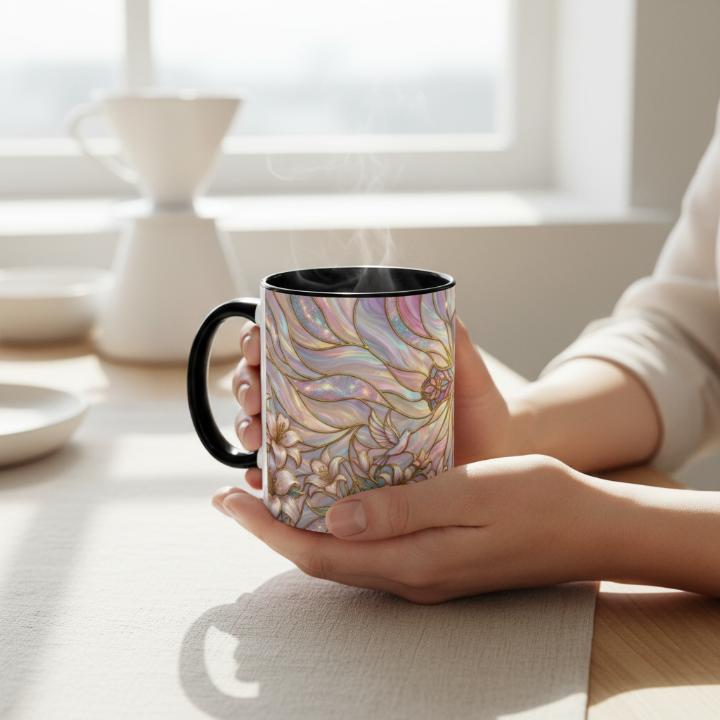 Stained Glass Cross Mug, Easter Lily Coffee Cup, Christian Gift for Women, Pastel Religious Drinkware, Dove and Faith Cup, Spiritual