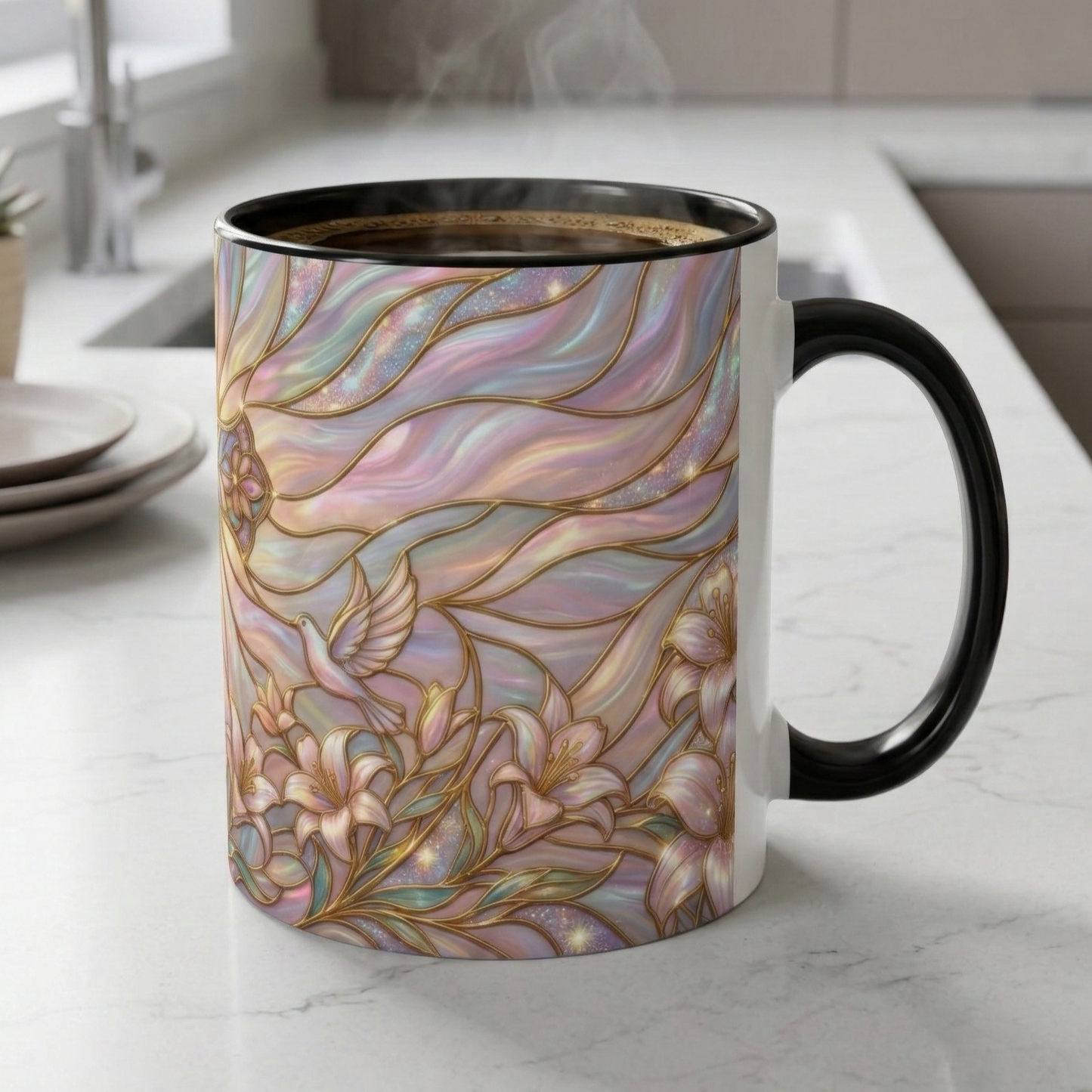 Stained Glass Cross Mug, Easter Lily Coffee Cup, Christian Gift for Women, Pastel Religious Drinkware, Dove and Faith Cup, Spiritual