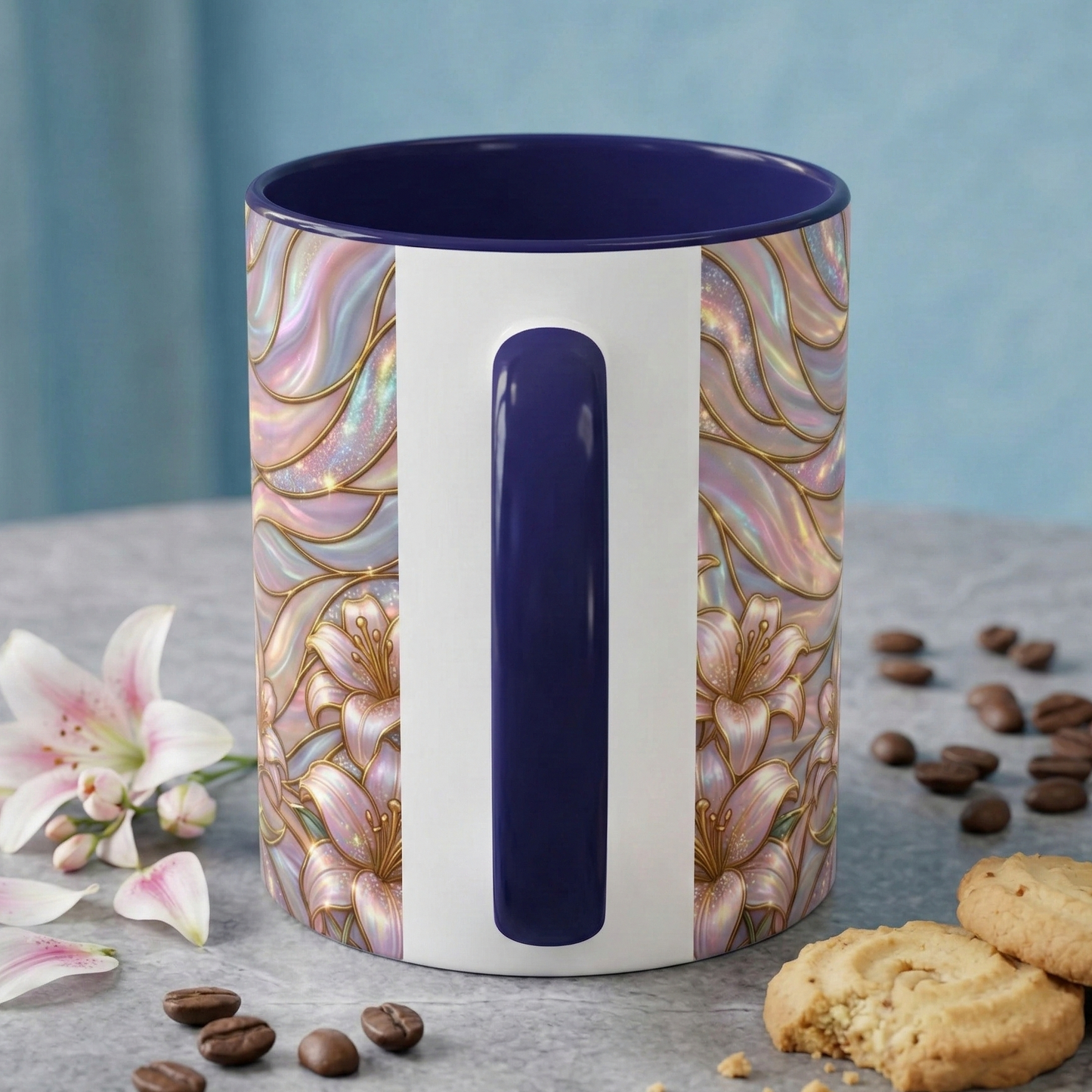 Stained Glass Cross Mug, Easter Lily Coffee Cup, Christian Gift for Women, Pastel Religious Drinkware, Dove and Faith Cup, Spiritual