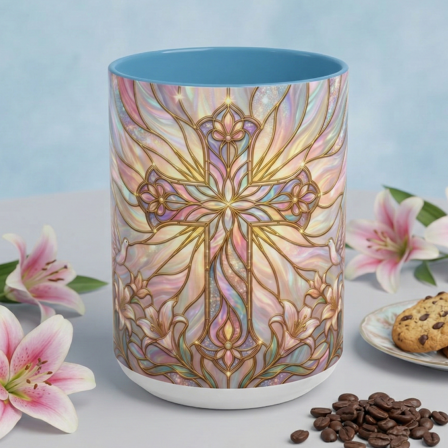 Stained Glass Cross Mug, Easter Lily Coffee Cup, Christian Gift for Women, Pastel Religious Drinkware, Dove and Faith Cup, Spiritual