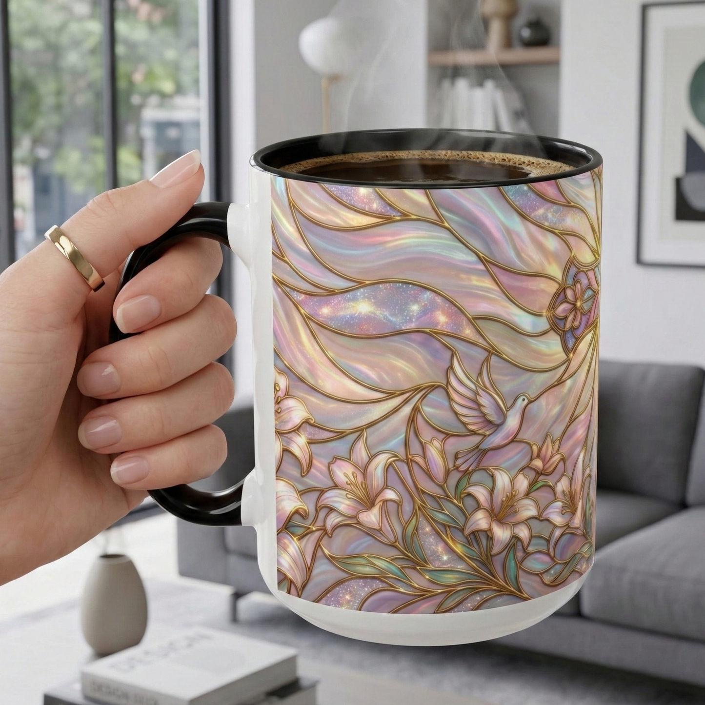 Stained Glass Cross Mug, Easter Lily Coffee Cup, Christian Gift for Women, Pastel Religious Drinkware, Dove and Faith Cup, Spiritual