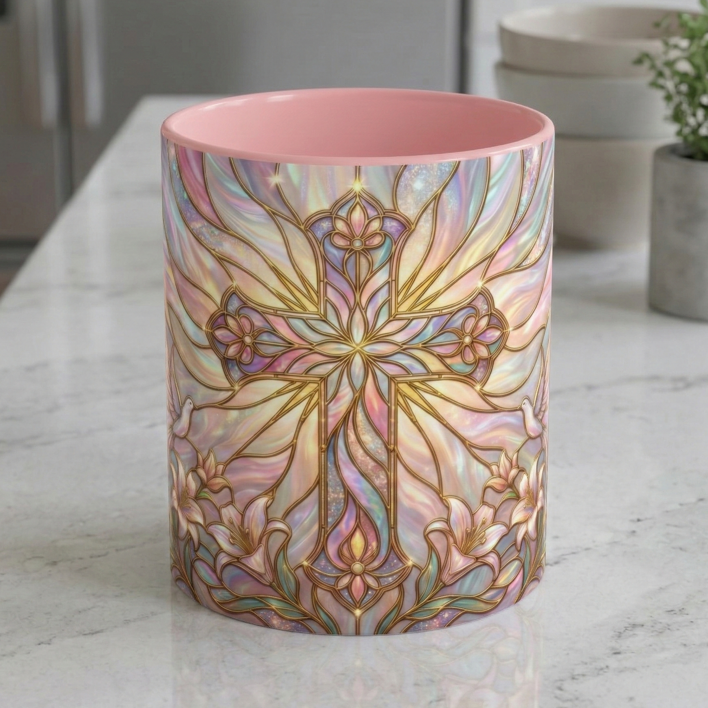 Stained Glass Cross Mug, Easter Lily Coffee Cup, Christian Gift for Women, Pastel Religious Drinkware, Dove and Faith Cup, Spiritual